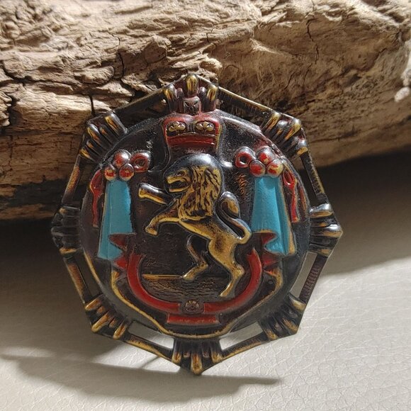 Large Hexagonal Lion Crest Brooch Pin Vintage Bronze Enamel Crown Banner Design - Picture 2 of 9